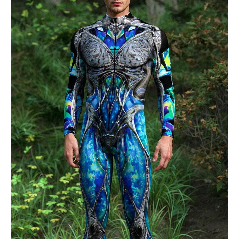 Men Cyber Punk 3D Digital Print Skeleton Cosplay Bodysuit Party Role Play Outfit Zentai Suit Costume Carnival Jumpsuit