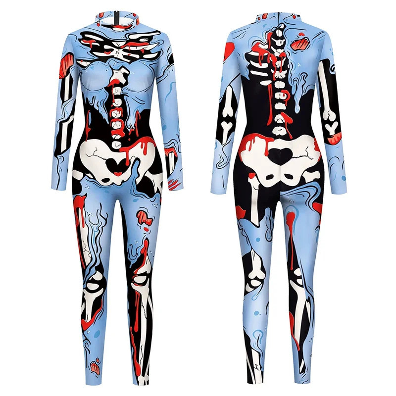 Fancy Skeleton Jumpsuit Women Halloween Color Skull Cosplay Costume Long Sleeve Skinny Bodysuit Zipper Spandex Adult Catsuit
