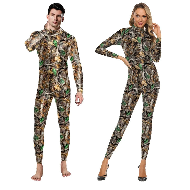Outdoor Camouflage Jumpsuits Female Sexy Cosplay Costumes Green Grey Leaf Bodysuits 3D Printing Hunt Carnival Outfits for Women