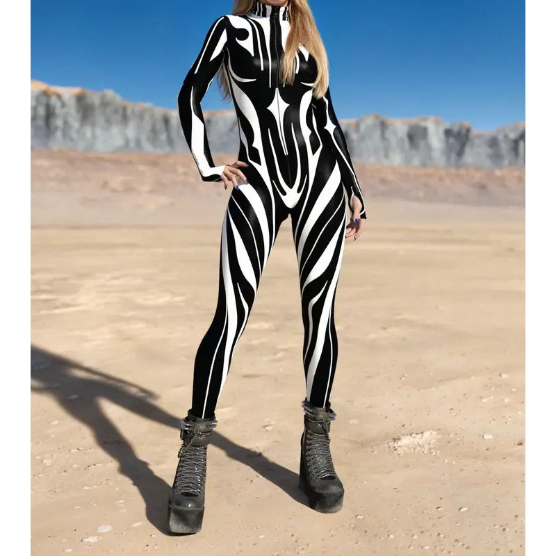 Cyber Black White Art Streak Jumpsuit Holiday Party Cosplay Costume Halloween Shows Women Bodysuit Performance Zentai Suit