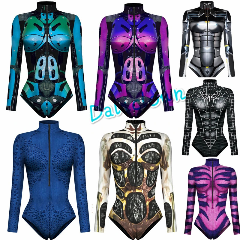 Superhero Jumpsuit Cosplay Costume Robot Armor Zentai 3D Print Women Long Sleeve Zipper Bodysuit Halloween Party Suit Swimsuit