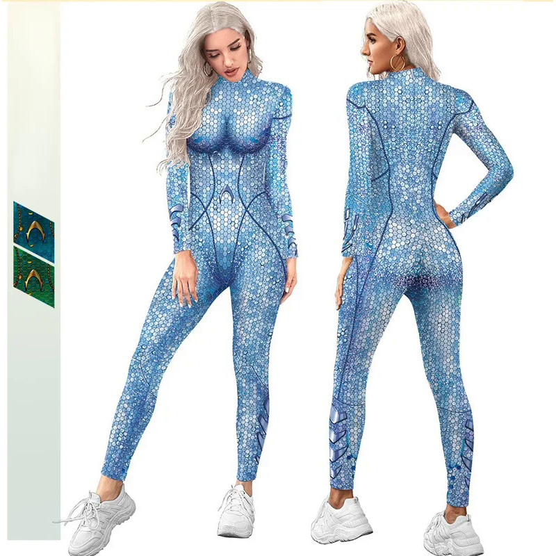 2024 New Jumpsuit Sequined Sea King Queen Printed Tights Play Dress Halloween Play Party Costume