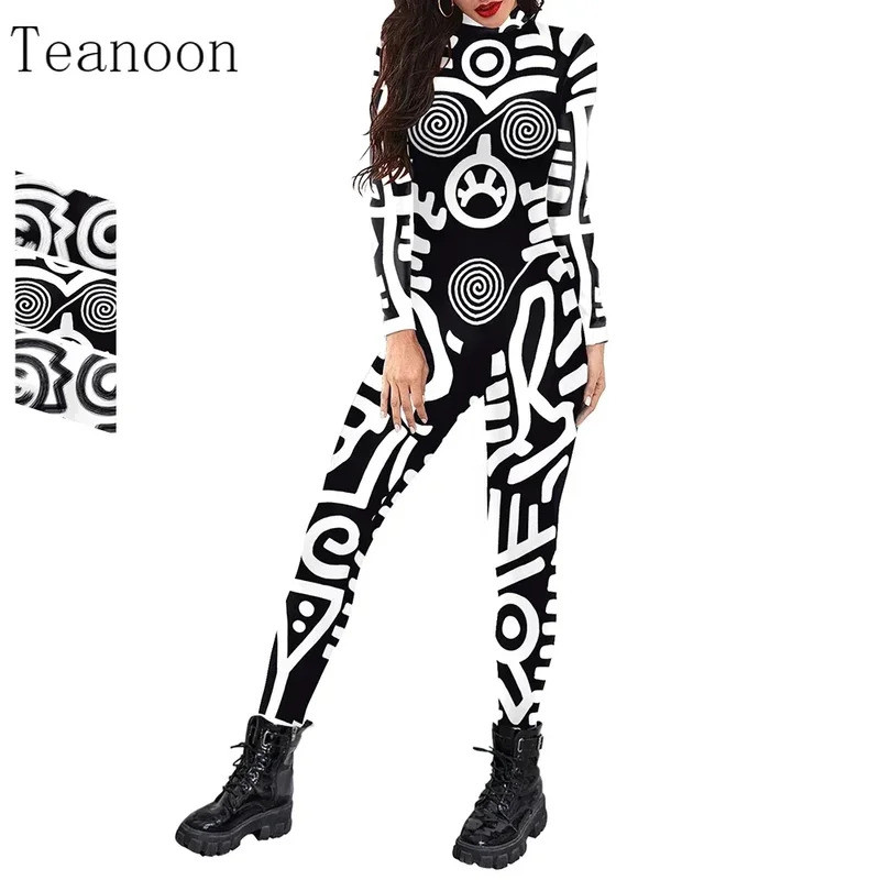 2024 New Women Fashion Jumpsuit Long Sleeve Abstract Printing Party Bodysuit Holiday Party Funny Cosplay Costumes Performance