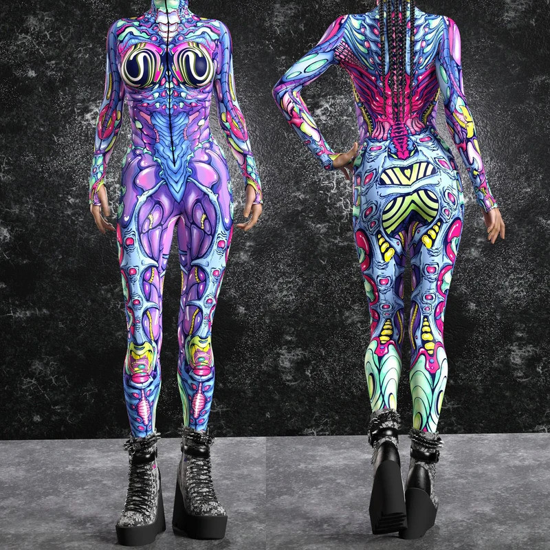Gothic Punk Muscle Skull Jumpsuit Holiday Party Cosplay Allen Costume New Year Xmas Shows Women Bodysuit ZentaiPerformance