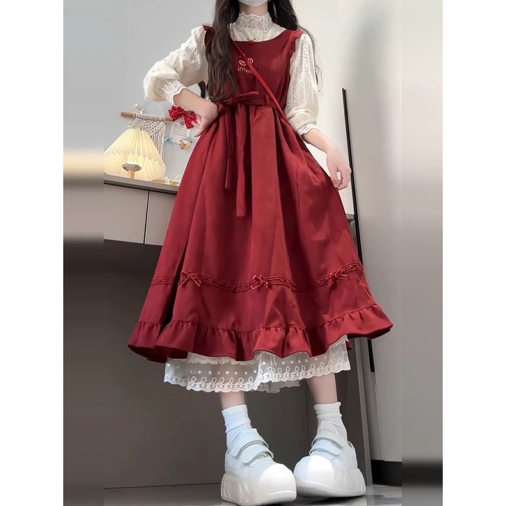 MERAH Women's Autumn Winter Cute Sweet Red Dress Set High End Christmas Outfits