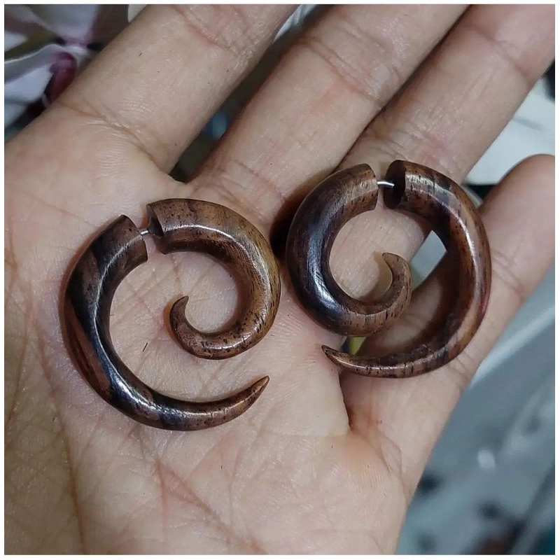 Gothick spiral wooden earrings- 6 mm primitive earrings