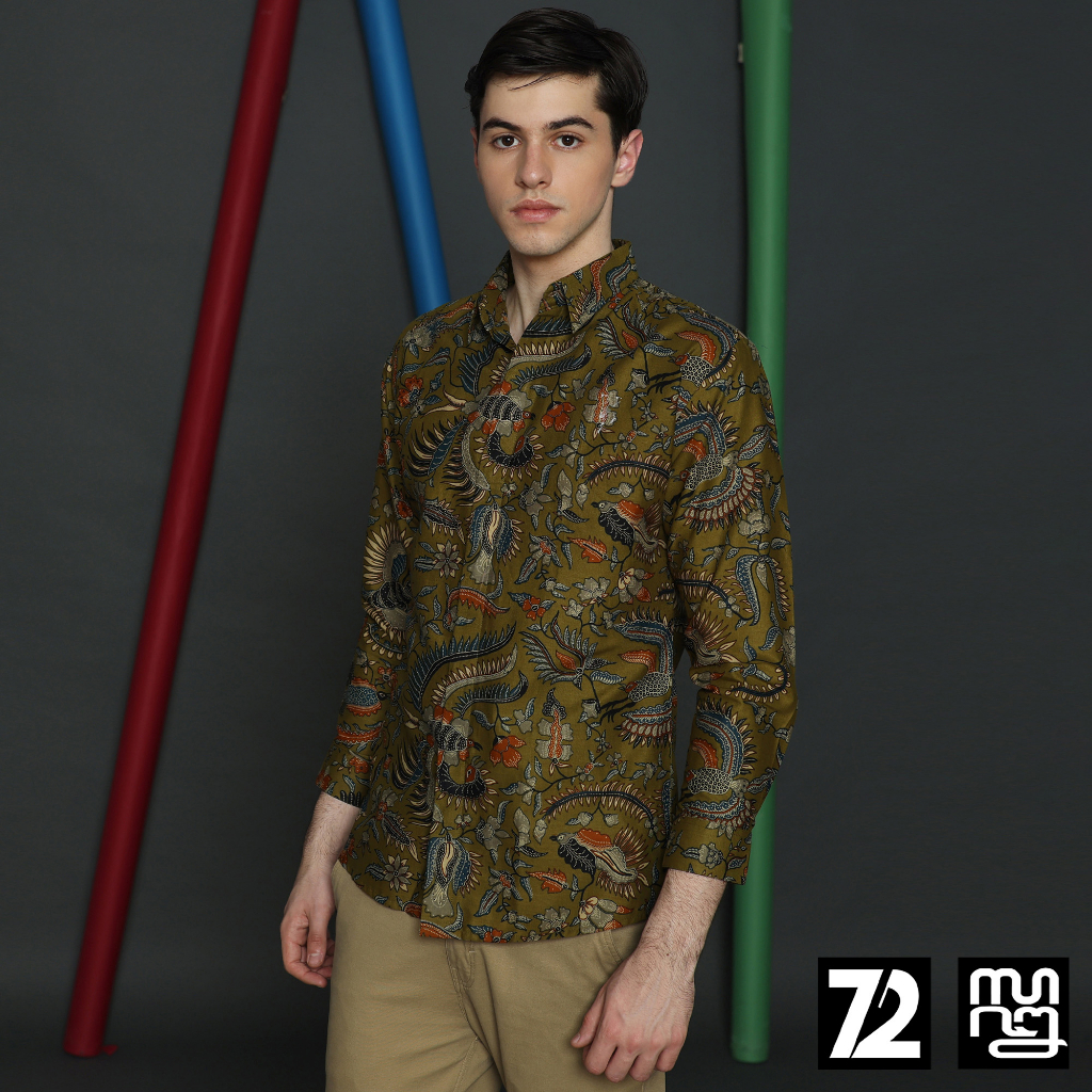 KATUN KEMEJA HIJAU Men's BATIK Shirt Cotton Long Sleeve Slimfit Thorny Pattern Green Color 723352 Cap 72 - Shirts Tops Clothing Batik Suits Men Boys Teenagers Family Office Long Sleeve Modern Slimfit Slim Fit Premium Contemporary