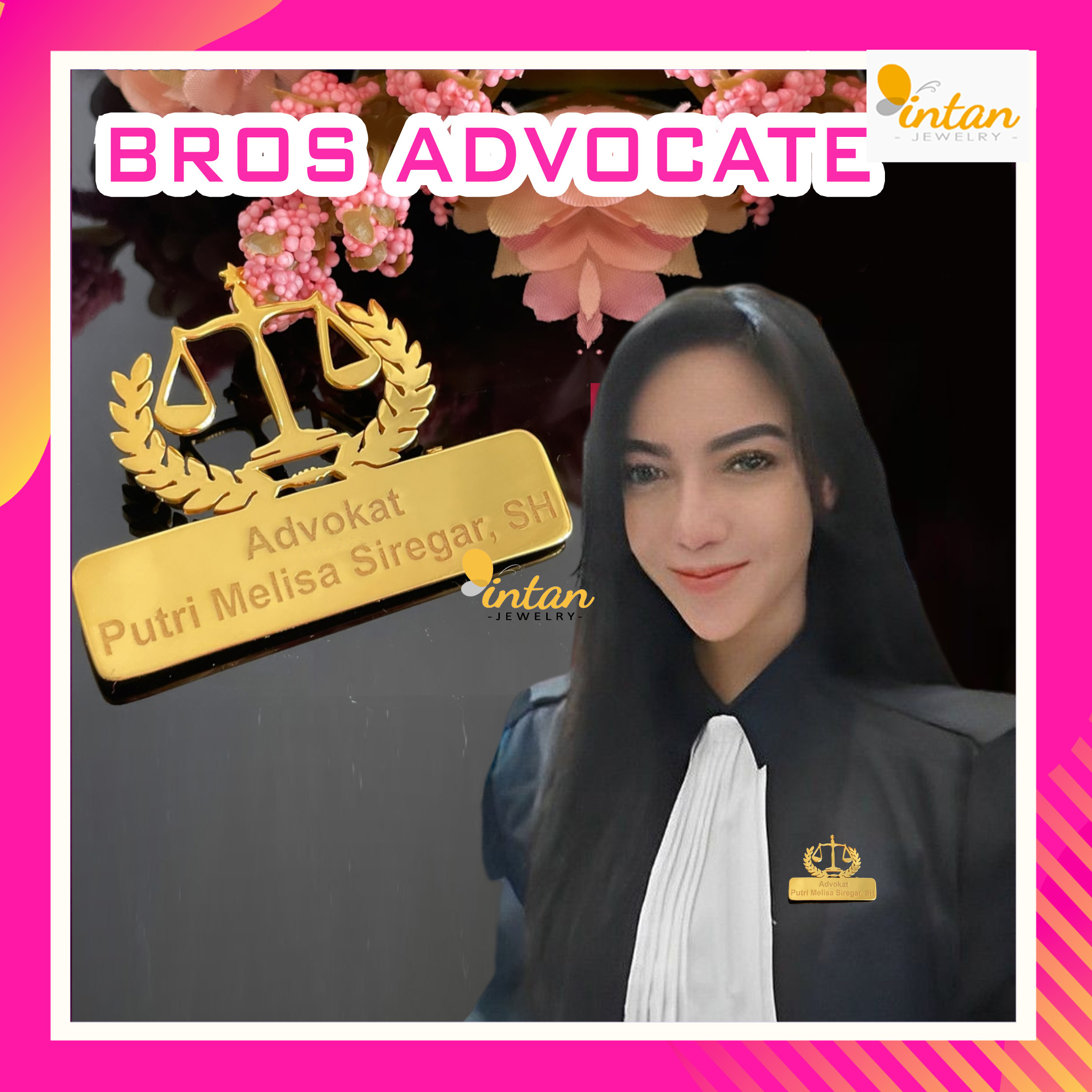 Brooch Advocate Name Bross Advocate Brooch Custom Name Lawyer Bachelor Of Law Logo Court Law Symbol Scales Pen Feather Pin Hijab Goddess Of Justice TItanium Plated Genuine Gold SIlver Gold Rosegold Notary Kenotariatan Fashion Accessories Women Hijab