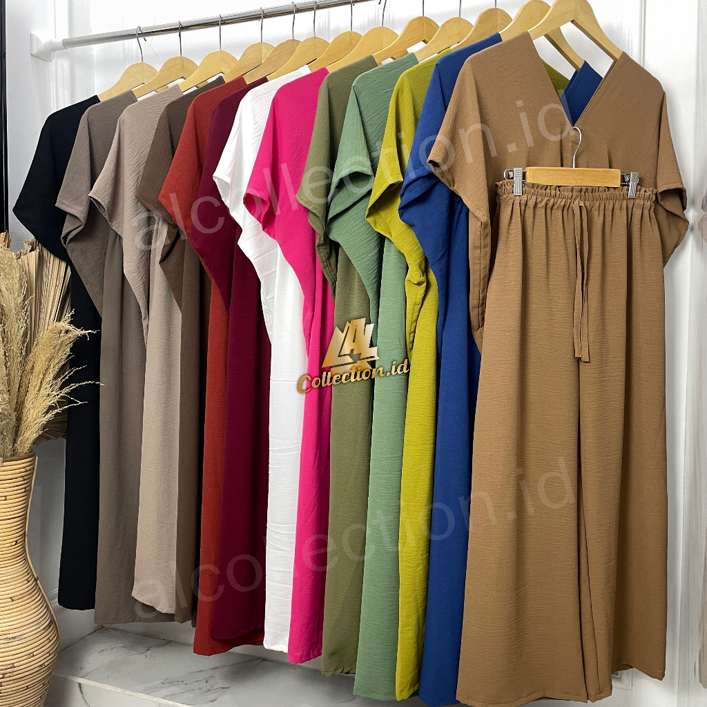 Alcollection - One Set Culottes Short Sleeve Square V Neck Tiedye Jumbo LD 130 Latest Women Long Crinkle Airflow