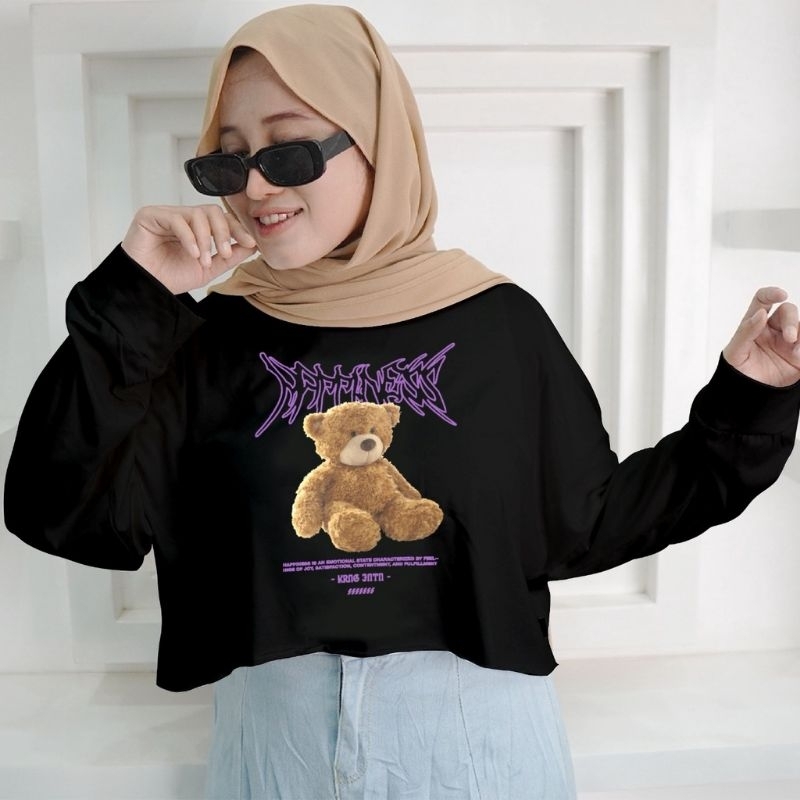 HAPPINES OVERSIZE CROP BEAR LONG-SLEEVED T-SHIRT