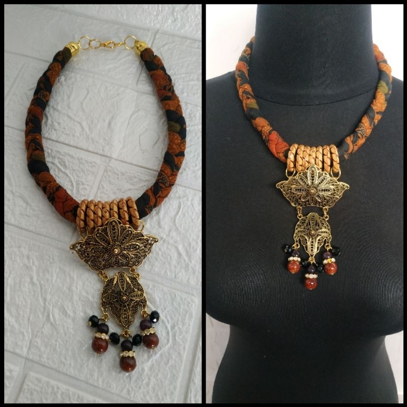 Dangling brooch braided batik necklace | Indonesian ethnic necklace