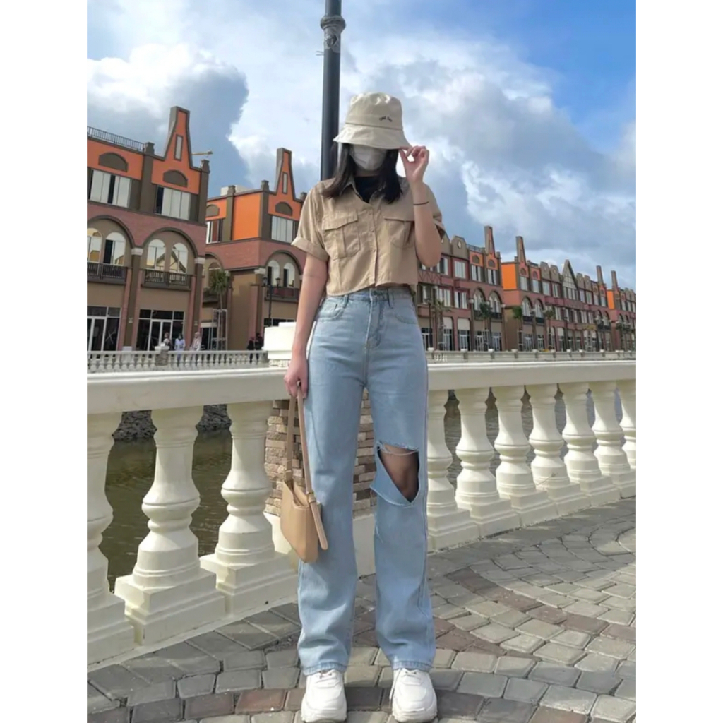 HIGHWAIST LOOSE JEANS CULOT PANTS KNEE RIPWanita
