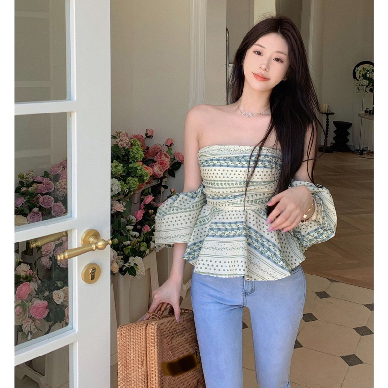 Rex Top Floral Sabrina Korean Chic Minimalist Puff Sleeve Balloon Sexy Sweet Holiday Street Cute Casual Party Dinner Sweet Tops Women Green Cream Beach Retro Temperament Geometry Korean Style Outdoor Picnic Blouse