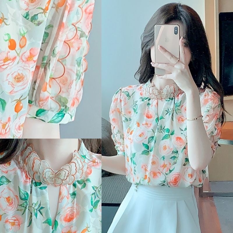 JoCa - [ Glenda Embroidery Collar Top ] #2274 / Fashion Atasan Wanita Bahan Silk Wrinkle Lingkar Dada 104cm Size Fit M - XL Casual Outfit Korean Style Lengan Pendek / SB JO2A
