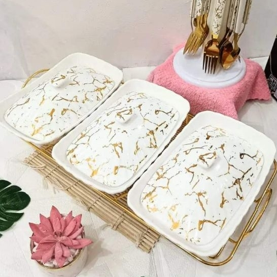 Stale Casserole Warmer Serving Container Set With Marble Motif MP-988