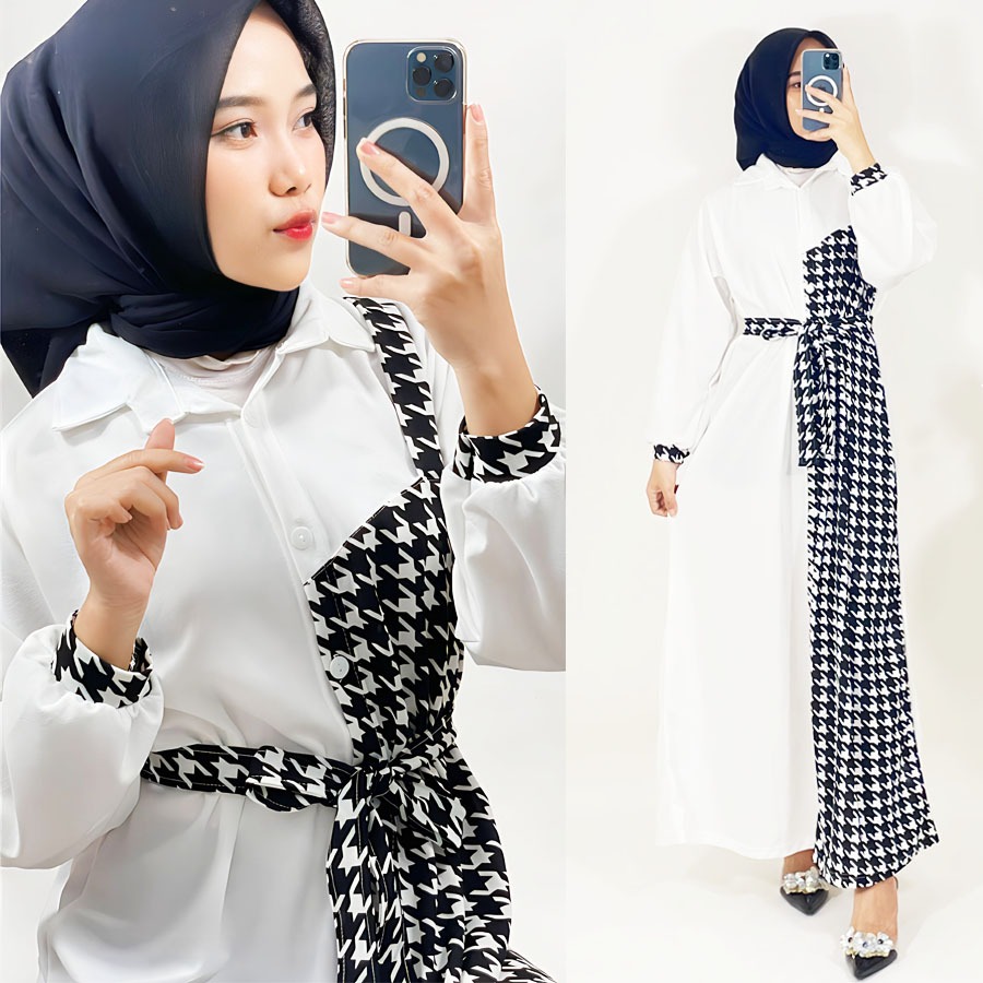 Gamis Maha Houndstooth Mix Dress Maxy Combination Syari Carlina Fashion