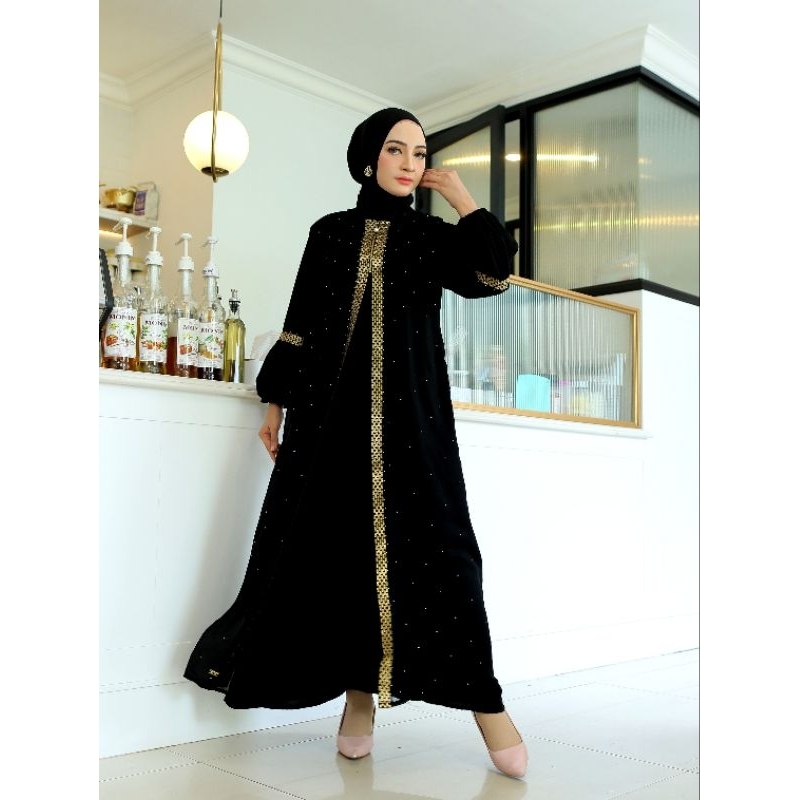 Gallery Exclusive Abaya Zipper Lace Gold Gamis Syari Black Embroidery Turkey Beautiful Muslimah Türkiye