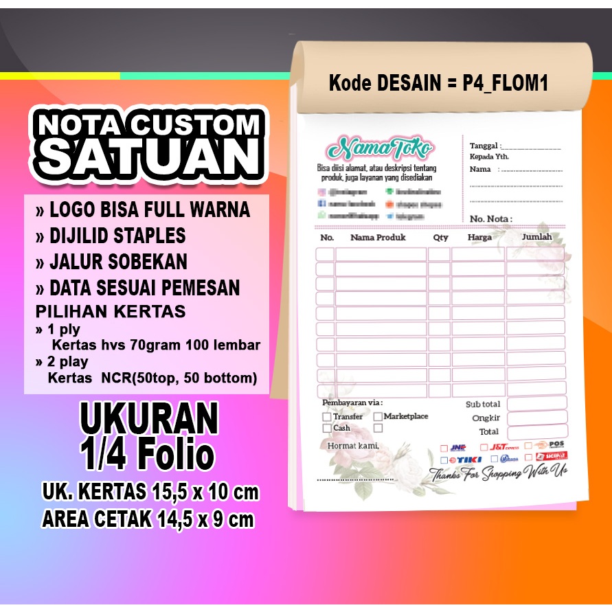 Order Custom Unit Notes According To Your Business Needs, Cost Saving! (±15.5 X 10cm)1/4 folio | Can Be Installed Store logo Without Limitations On The Number Of Colors | Order One Book Can | Notes Not Only As Transaction data, But Also As Store Identity