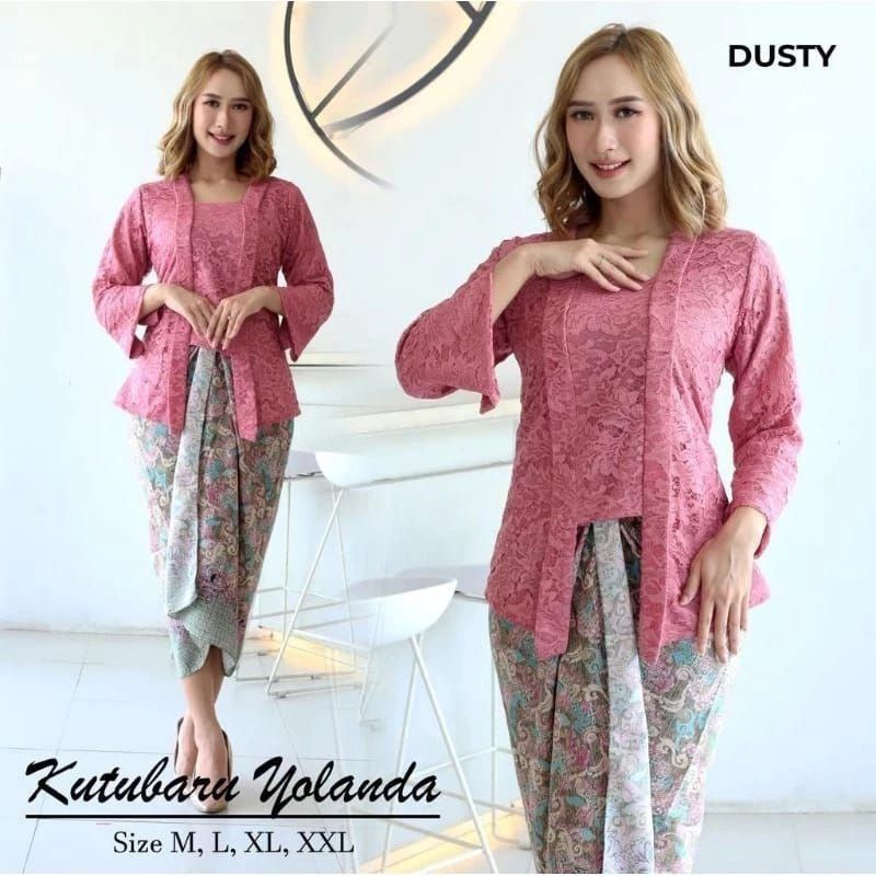 Jumbo Kebaya Top Ld 120 Modern Brocade Kutubaru Kebaya Batik Wrap Skirt Set 7/8 Sleeves
