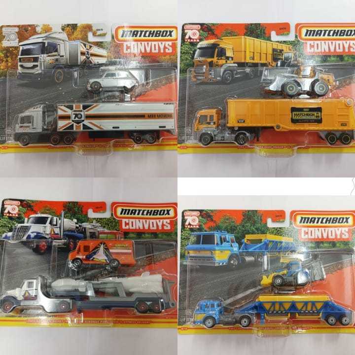 Matchbox CONVOYS MIX K 2023 FORD CARGO MBX DUMP TRAILER QUARRY KING FORD C900 CABOVER MBX GRAVEL TRAILER MBX BACKHOE MBX CABOVER MBX BOX TRAILER 1964 AUSTIN MINI COOPER LONESTAR CAB ROCKET SEMI REMORQUE PORTE-FUSEE EXPRESS DELIVERY