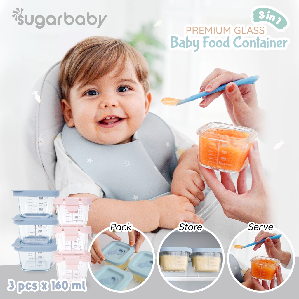 PERALATAN Ready BANDUNG SUGAR Baby SUGARBABY Premium GLASS JAR Baby Food Container 3pcs BPA FREE/Baby Feeding Equipment/Baby Bowl Container SILICONE Lid & GLASS JAR SILICONE Plastic Spoon SENSING SENSOR Spoon COVER SLABER NATURE