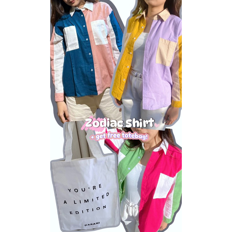 KEMEJA Ready Shirt + TOTEBAG Entrustment Services Oversize Three Tone Colorblock Pocket Linen Shirt Longsleeve Soft Pink Fuschia Green Emerald Blue Purple Mustard Outer Suede Colorful Outfit Cute Twin Women Hijab Girls Colorful Cake Limited