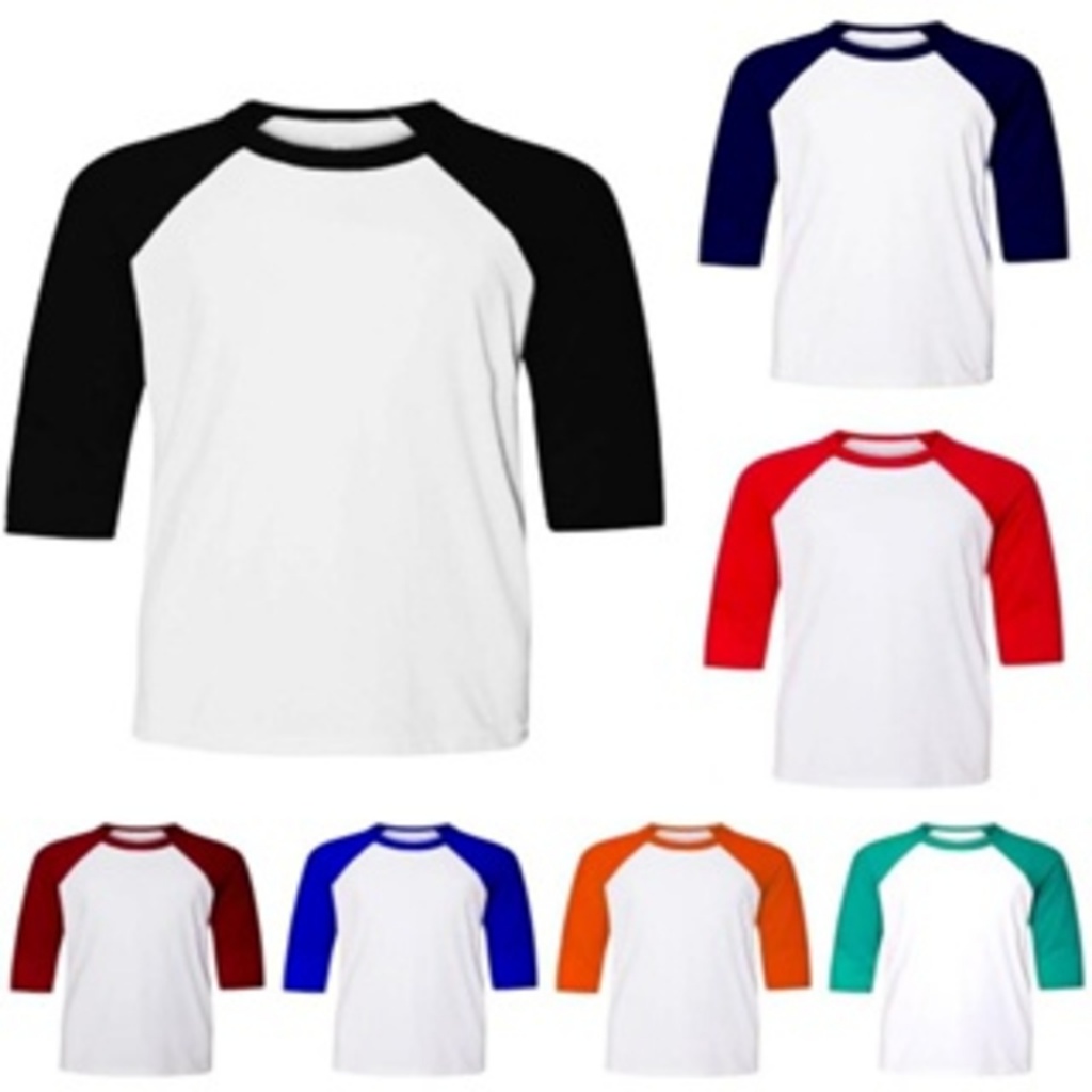 DS Plain white raglan uniform t-shirt with 3 4 color sleeves | Men's Round Collar T-shirt