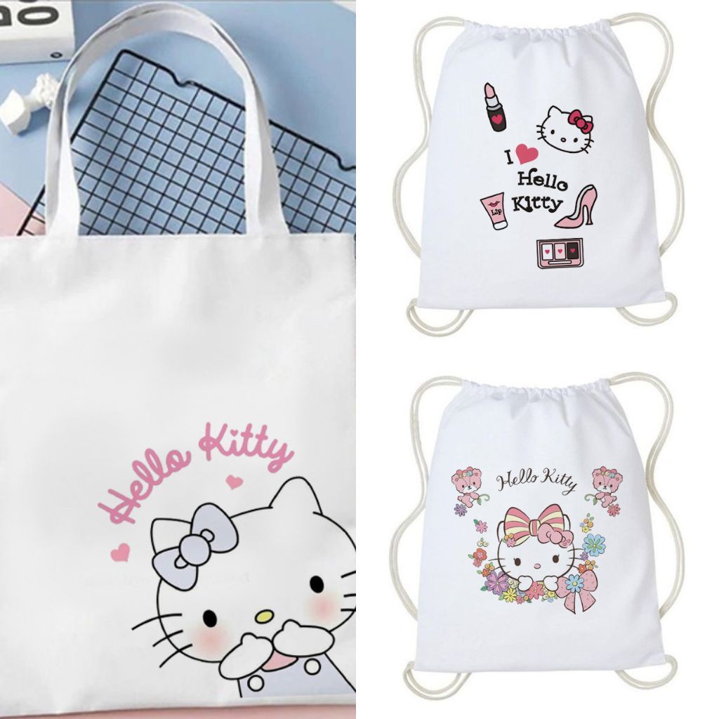 Totebag Tote Bag Hello Kitty Cute Canvas Drawstring Bag Women Goodie Bag Korean Aesthetic Girls Birthday Souvenir