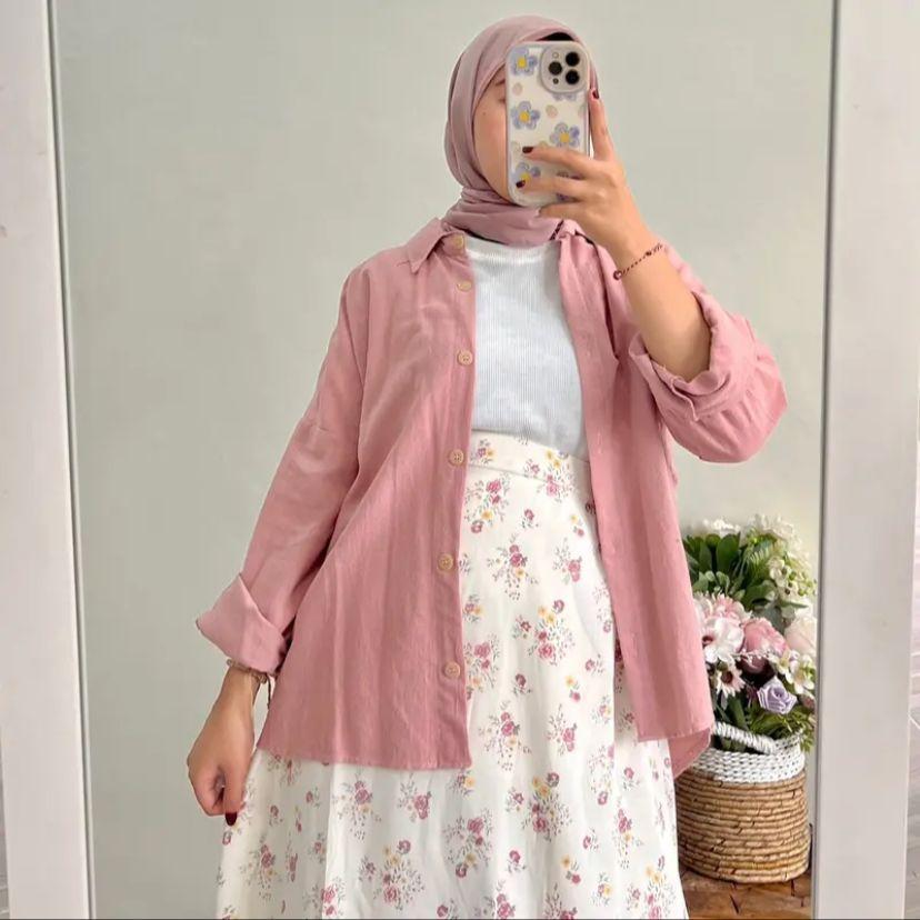 KEMEJA ONESET 2IN1 SHIRT SKIRT MOTIF korean style women's suit LINEN top PUFFY RUFFY shirt / polka skirt suit