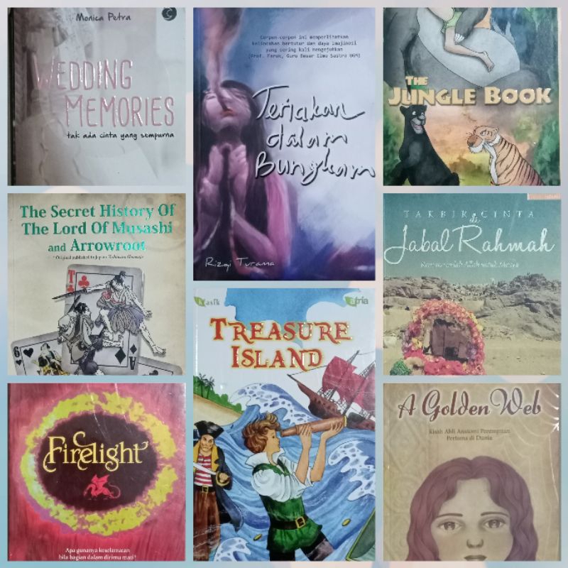 Wedding memories Book, Shout In Silence, the jungle Book, the secret history,treasure island, takbir Love In Jabal Rahmah,firelight,A golden web