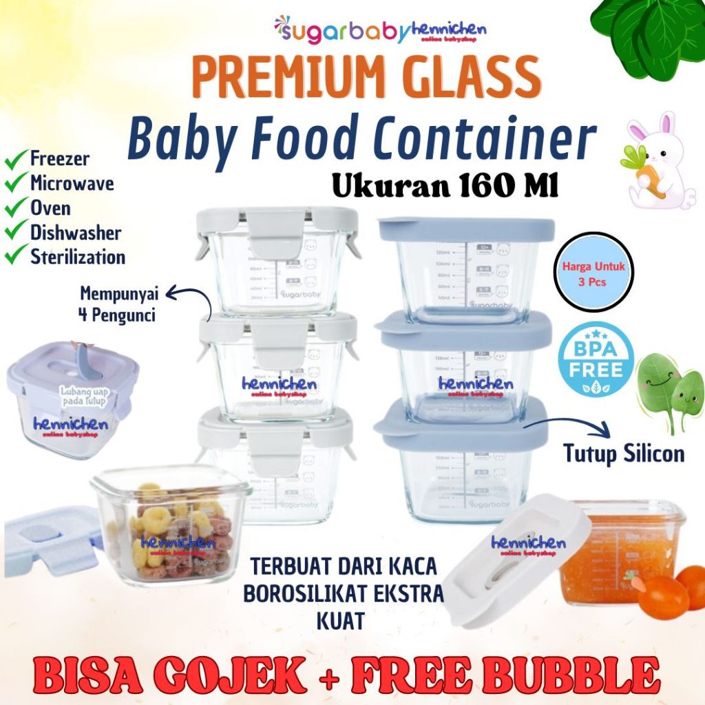 PERALATAN Sugar Baby Premium Glass Jar Baby Food Container 3pcs BPA FREE/Baby Feeding Equipment/Baby Bowl Container Silicone Lid & Plastic Lid