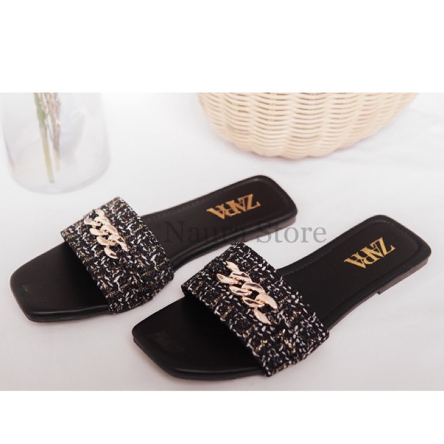 Sandal flat rajut motif rantai kekinian mewah