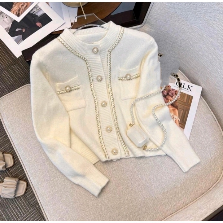 Women's Wool Knit CARDIGAN, KOREAN STYLE KNITWEAR, FULL Pearl LIST