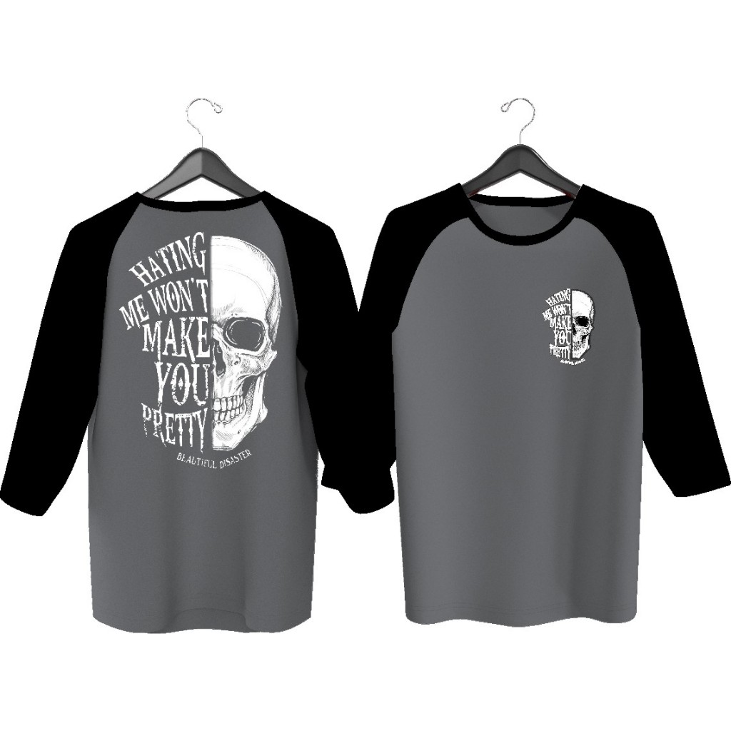 MEN'S RAGLAN T-SHIRT WITH HATING SKULL SCREEN PRINTING M71\ MEN'S RAGLAN T-SHIRT WITH 3\4 SLEEVES, MEN'S TOP T-SHIRT/ DISTRO T-SHIRT/ T-SHIRT/