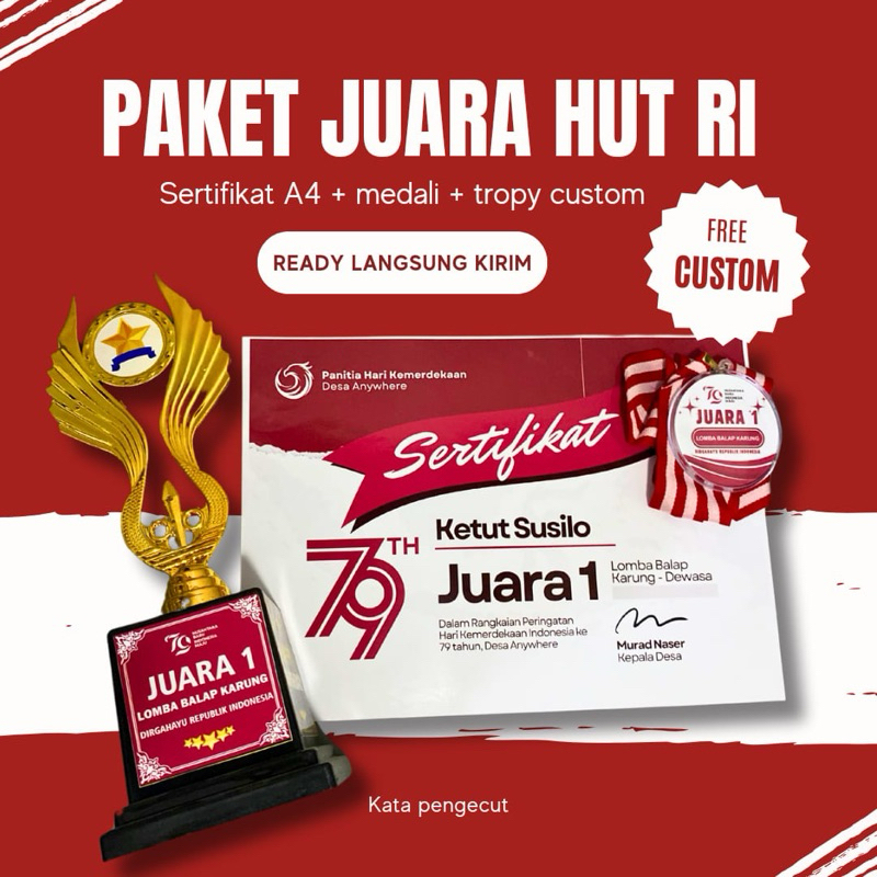 Wordgift AUGUST RI HUT PACKAGE Trophy and Medals and certificate Custom Competition 17 August Indonesian Independence Can Free Greeting Cards - 17 August competition prize package - 79th Republic of Indonesia Anniversary competition prize package - festiv