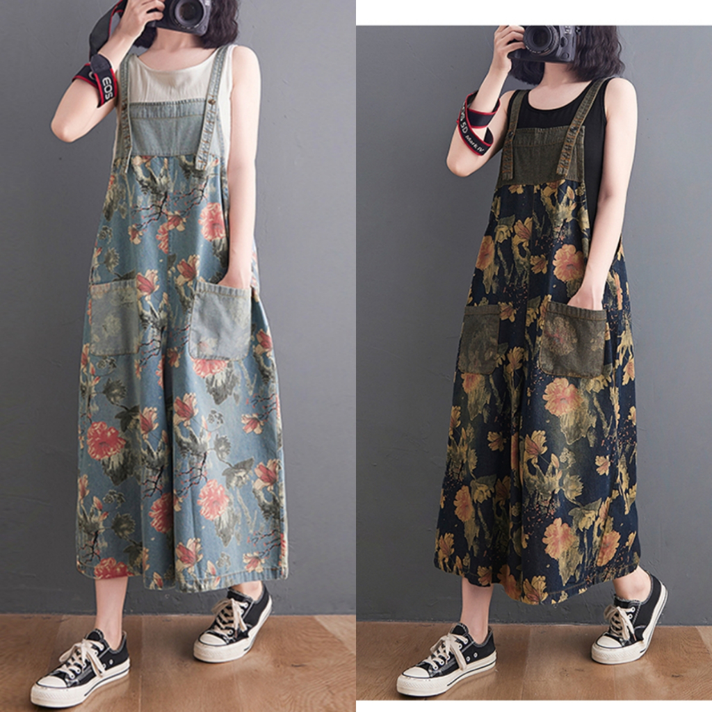 LC253 Premium Oversized Jeans Jumpsuit Floral Fashion Retro Latest