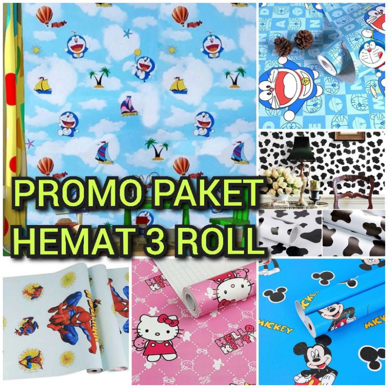 PUTIH HITAM Save Package 3roll Wallpaper Sticker Wall Character Avengers Spongebob Mickey Mouse Minnie Mouse Princess Frozen Tayo STITCH Doraemon Spongebob Cowhide Black White Contemporary Affordable Kids Room Wall Decor