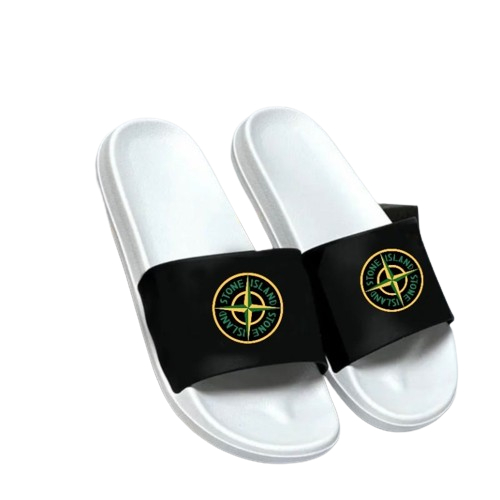 HITAM Men's Sandals Contemporary Stone Island Sandals Women Unisex Slide Black Character Motif Latest Slide Anti Broken Upper Lock System Slip On