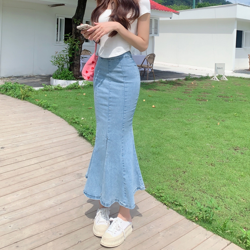 Denim Mermaid Skirt Women's High Waist Slim A-line Elastic Mid-Length Hip Skirt Women's Skirts
