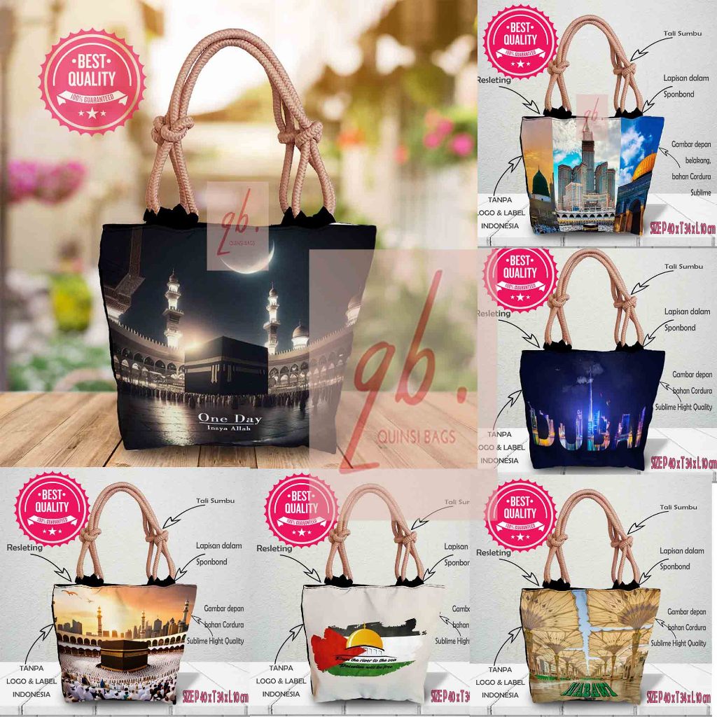 [QuinsiBags] Totebag with Wick Rope, Islamic Arabic Motif Printing Souvenir, Umrah, Hajj, Mecca, Kaaba, Medina, Nabawi