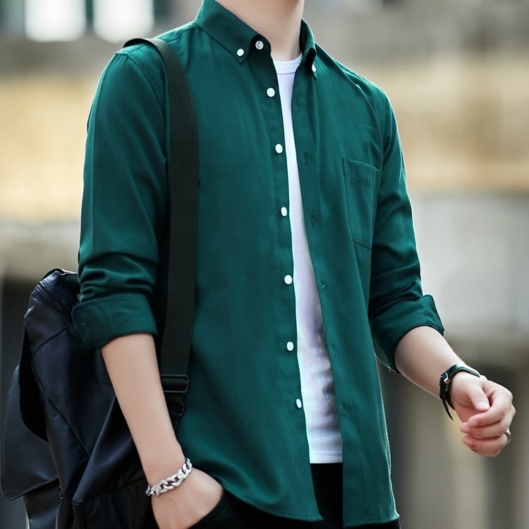 KEMEJA KATUN HIJAU Men's Shirt Long Sleeve Plain Bottle Green Navy Black Maroon White Gray Hem Cool Boys Office and Casual Premium Cotton Material
