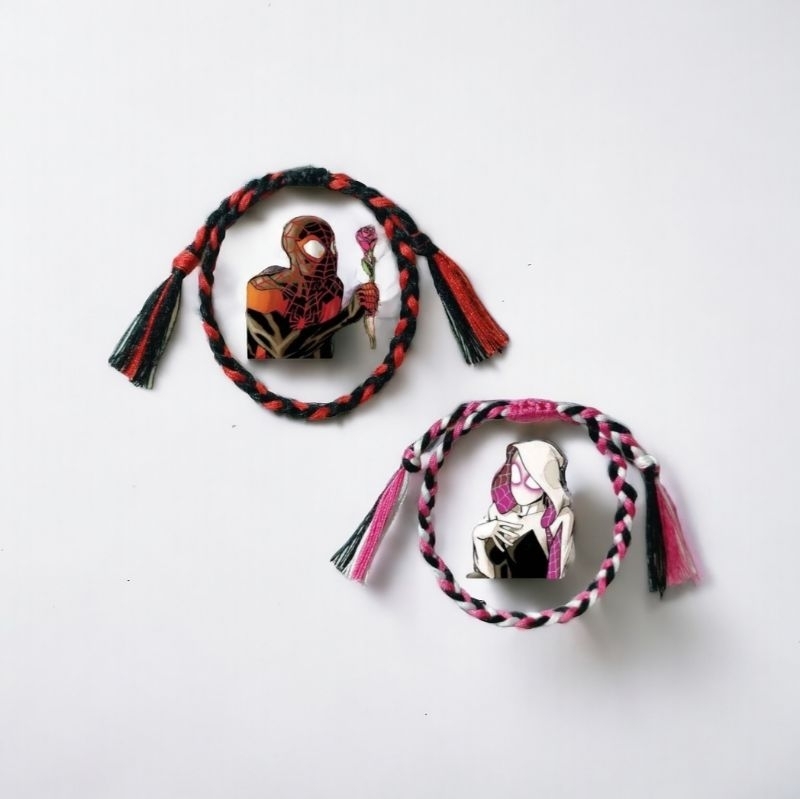 - spiderman miles and gwen character wrapped braided sewing thread bracelet, simple tassel drawstring bracelet, superhero hero merchandise, iconic character bracelet, vitage, cool and aesthetic