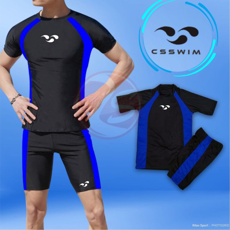 Men's swimming suit with blue trim, sporty swimming shorts, undershirt, men's sports suit, black