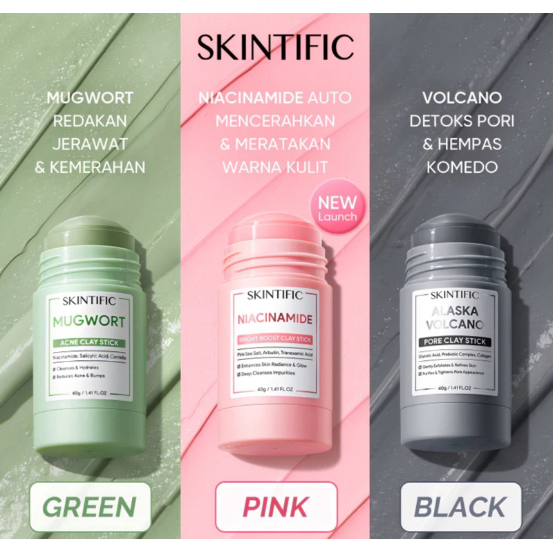 Skintific Mugwort Clay Stick Cleansing Clay Mask 40g Anti Pores & Acne Mud Facial Mask Wash Cleansing Facial Maskoff Mask Green Mask Stick Alaska Volcano Clay