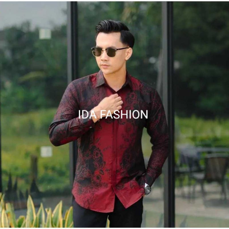 MERAH Armenia Slimfit - Latest Men's Batik Shirt Maroon Red Modern Long Sleeve