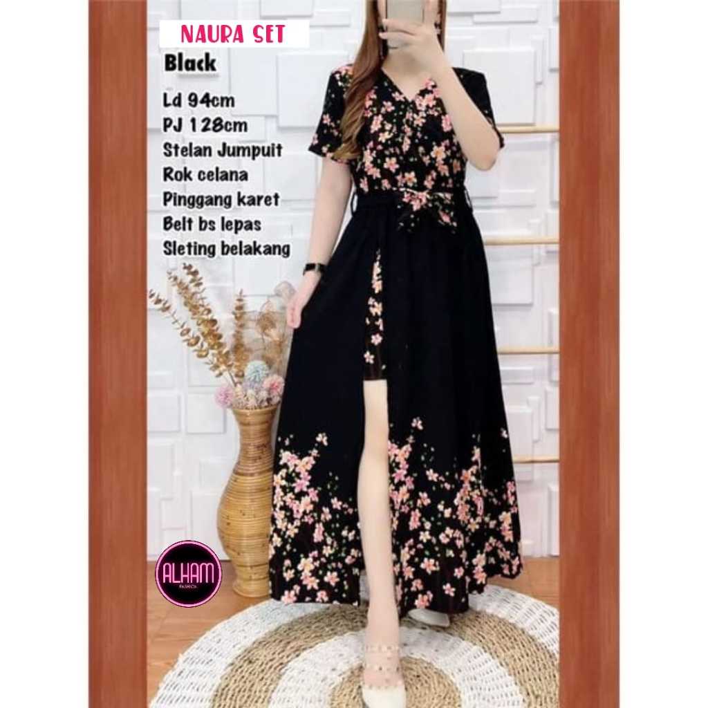 Naura Set Jumpsuit Original AlhamWanita 2in1 Jump Suit Cherry Blossom Motif Ld 94 Beautiful Teenage Girls