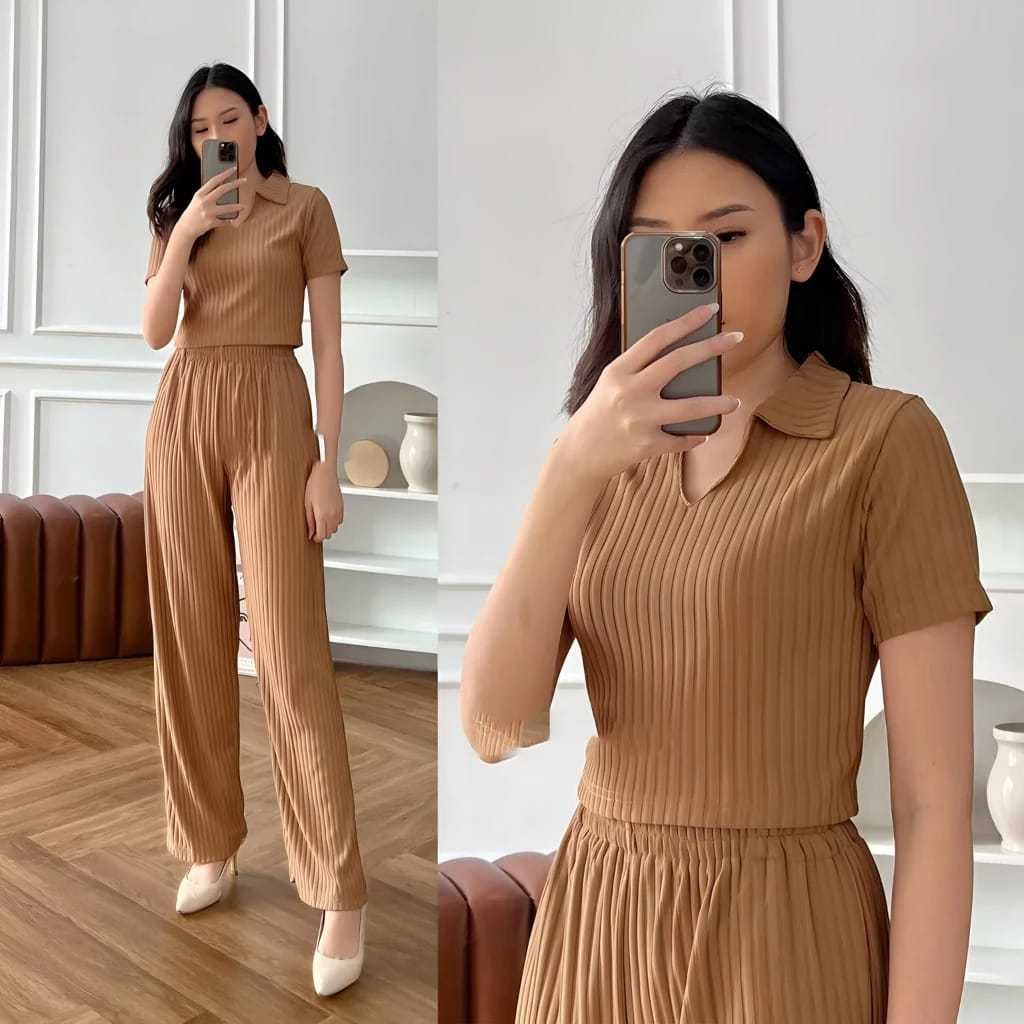 Shamela - oneset knit polo long pants set rib knit premium women's knit suit crop top polo top knit pants hornet oneset rib knit sierra clothes