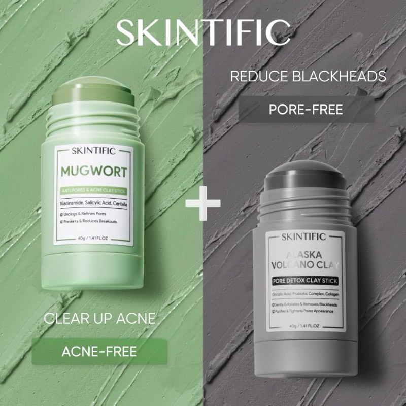 SKINTIFIC Mugwort Clay Stick Cleansing Clay Mask 40g Anti Pores & Acne Mud Facial Mask Wash Cleansing Face Maskoff Mask Green Mask Stick Alaska Volcano Clay