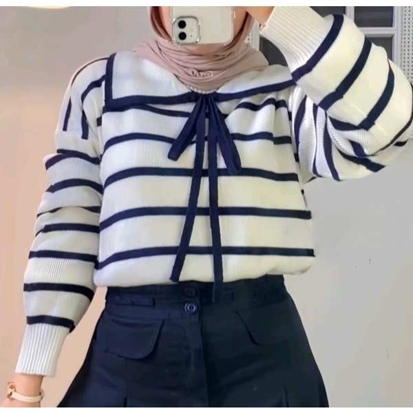 KATUN Women's Knitted Top with Cute Striped Collar, Adorable Acrylic Material, Cool Cotton Knit