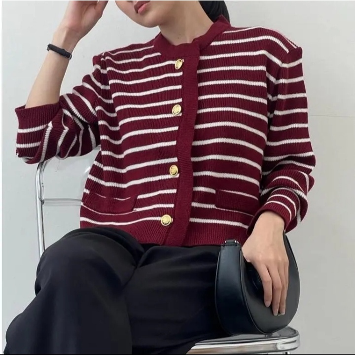 Korean Vintage Flower Knit Stripes Cardigan/Women's Cardigan